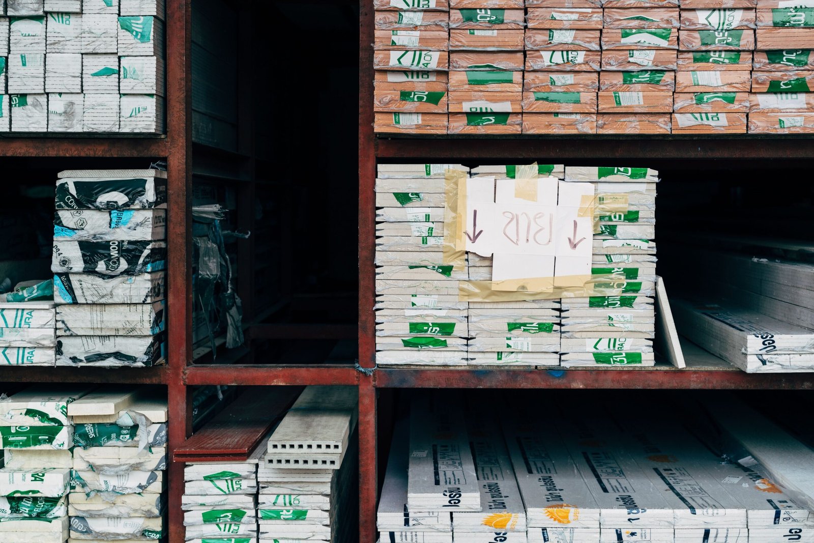Construction materials on shelves